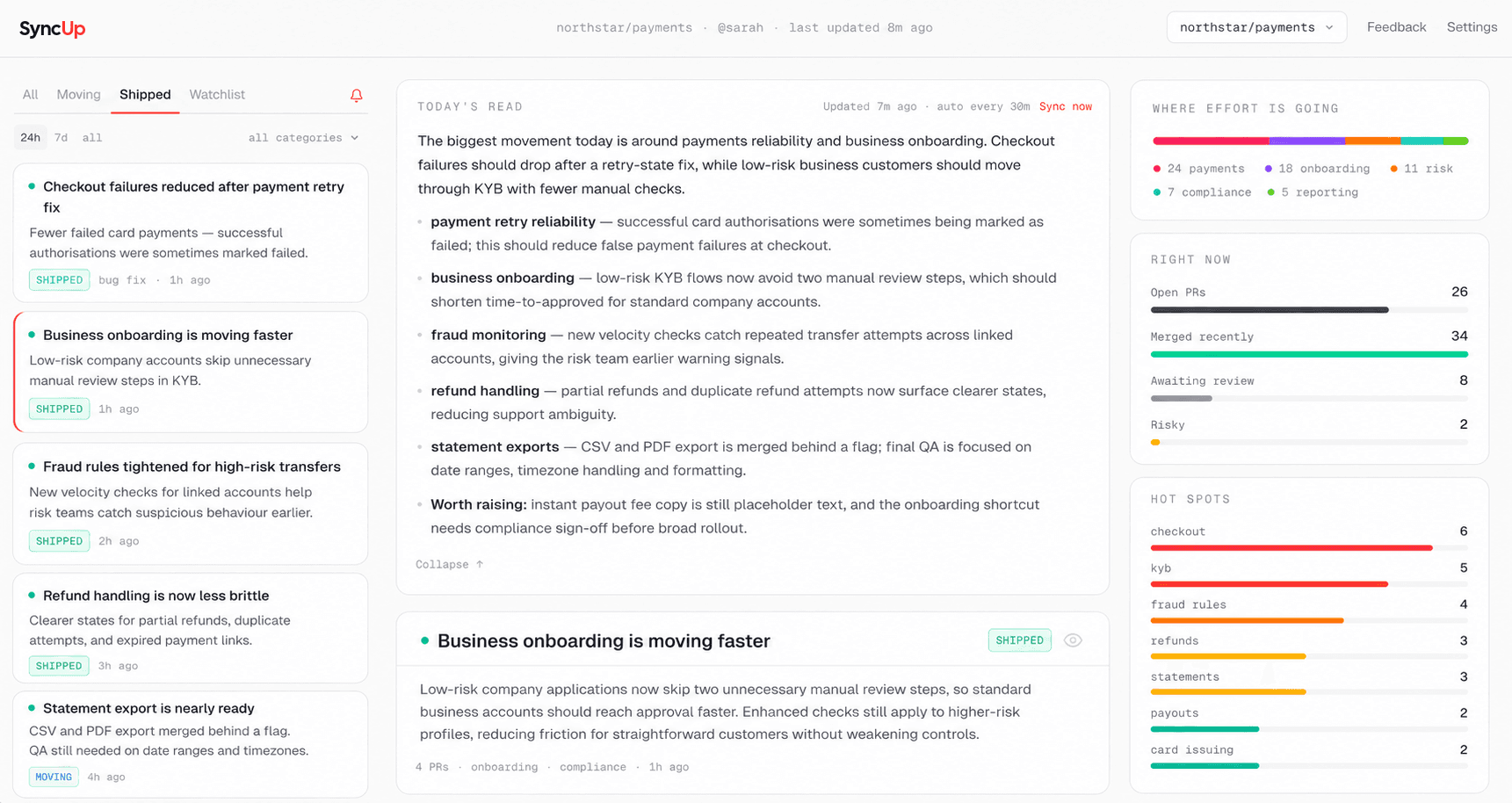The Sync Up feed: an inbox of plain-English signals, an AI-written briefing of the repo, live counts, and hot spots showing where in-flight work overlaps